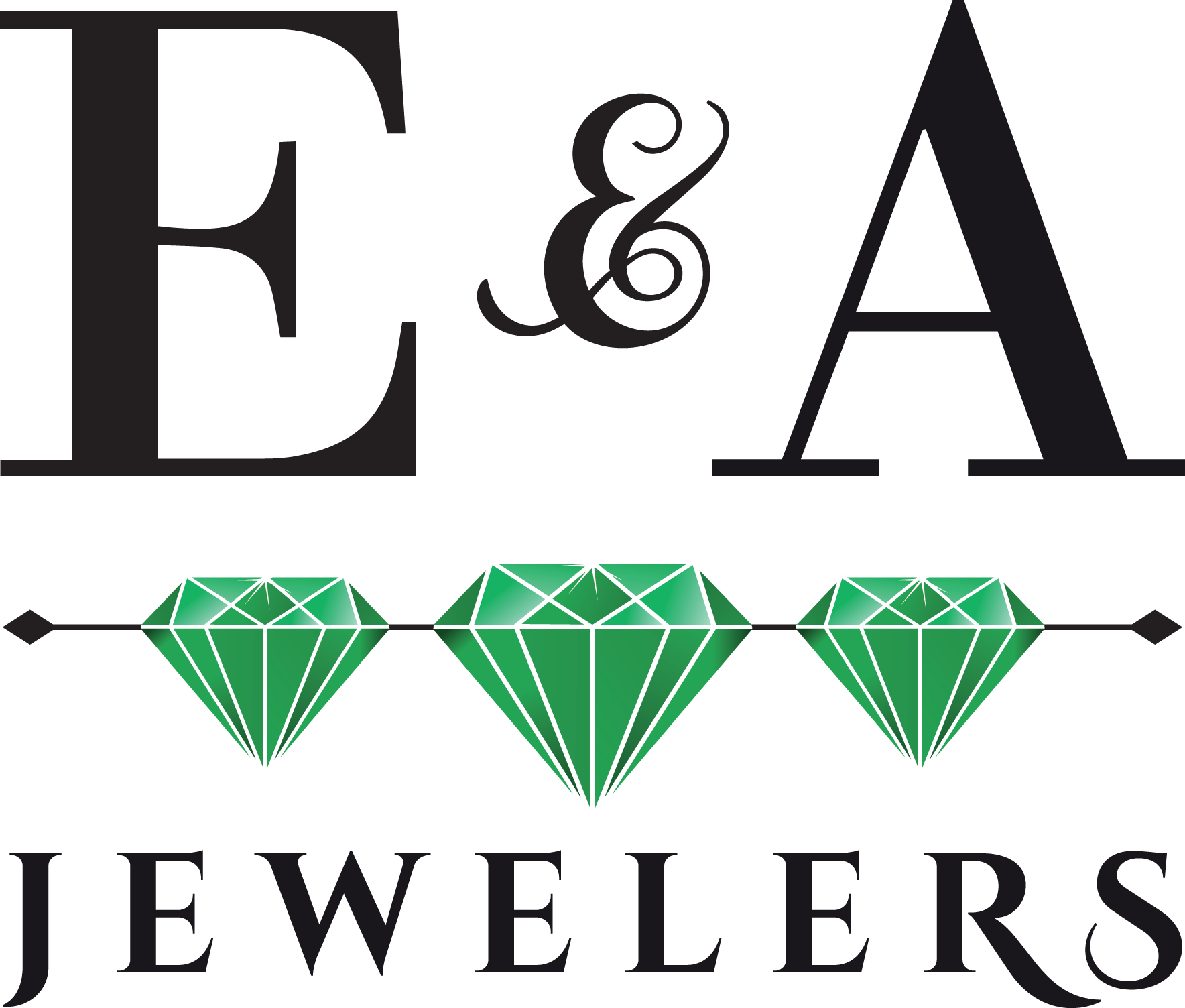 Logo for E & A Jewelers, with three green diamonds between 'E & A' and 'Jewelers'